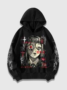 ROMWE MEN Street Life Men's Dark Style Anime Character Graphic Print Long Sleeve Hoodie - Black - View 3