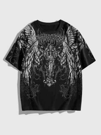 Street Life T-shirt décontracté ample à col ras-du-cou et manches courtes avec imprimé ange pour adolescent