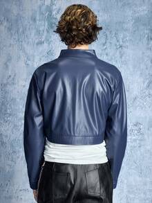ROMWE MEN Street Life Men's Round Collar PU Leather Long Sleeve Cropped Jacket - Blue - View 3