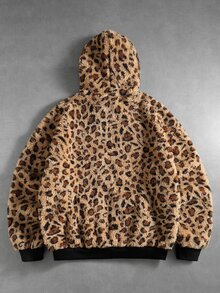 ROMWE MEN Street Life Y2K Leopard Faux Fur Hooded Zip Up Jacket Loose Streetwear Winter Coat With Pockets - Multicolor - View 2