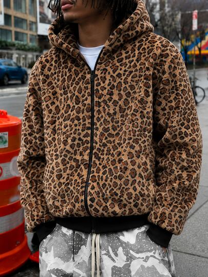 Street Life Chaqueta con capucha y cremallera de piel sintética de leopardo estilo Y2K, abrigo de invierno holgado de streetwear con bolsillos