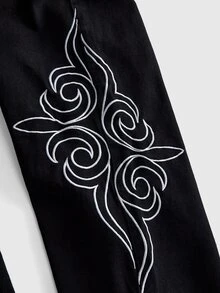 ROMWE MEN Goth 男士 Y2K 龐克側邊中式復古圖騰青蛙鈕扣印花工裝寬腿牛仔褲，捲邊堆疊褲腳水洗丹寧 - 黑色 - 查看 6
