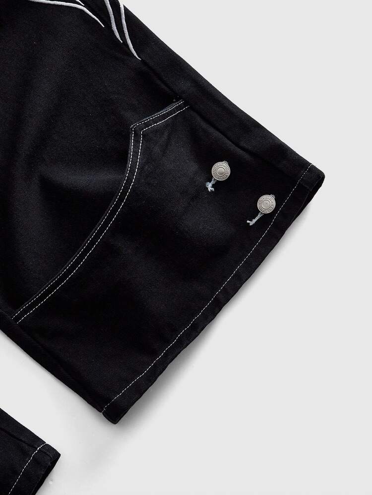 ROMWE MEN Goth Punk Side Chinese Style Retro Pattern Frog Button Print Cargo Wide Leg Jeans Men Y2K Totem Rolled Hem Stacked Hem Washed Denim - Black - View 8