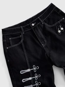 ROMWE MEN Goth 男士 Y2K 龐克側邊中式復古圖騰青蛙鈕扣印花工裝寬腿牛仔褲，捲邊堆疊褲腳水洗丹寧 - 黑色 - 查看 4