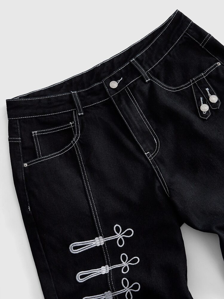 ROMWE MEN Goth Punk Side Chinese Style Retro Pattern Frog Button Print Cargo Wide Leg Jeans Men Y2K Totem Rolled Hem Stacked Hem Washed Denim - Black - View 4