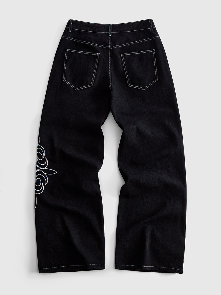 ROMWE MEN Goth Punk Side Chinese Style Retro Pattern Frog Button Print Cargo Wide Leg Jeans Men Y2K Totem Rolled Hem Stacked Hem Washed Denim - Black - View 2