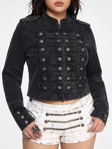 ROMWE Nautical Punk Vintage Metal Buckle Distressed Washed Denim Thin Jacket - Dark Grey - View 1