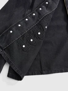 ROMWE Nautical Punk Vintage Metal Buckle Distressed Washed Denim Thin Jacket - Dark Grey - View 6