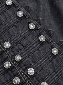 ROMWE Nautical Punk Vintage Metal Buckle Distressed Washed Denim Thin Jacket - Dark Grey - View 4
