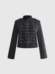 ROMWE Nautical Punk Vintage Metal Buckle Distressed Washed Denim Thin Jacket - Dark Grey - View 2