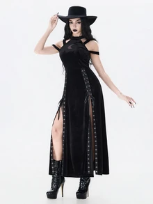 ROMWE Goth 深色哥德風萬聖節月亮鏤空刺繡露肩高開衩金屬孔眼繫帶設計修身直筒長洋裝女款 - 黑色 - 查看 4