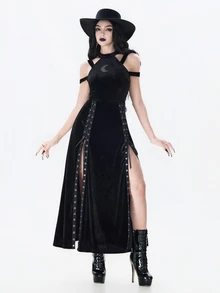 ROMWE Goth 深色哥德風萬聖節月亮鏤空刺繡露肩高開衩金屬孔眼繫帶設計修身直筒長洋裝女款 - 黑色 - 查看 9