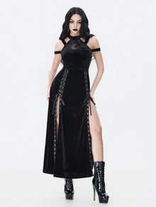 ROMWE Goth 深色哥德風萬聖節月亮鏤空刺繡露肩高開衩金屬孔眼繫帶設計修身直筒長洋裝女款 - 黑色 - 查看 6