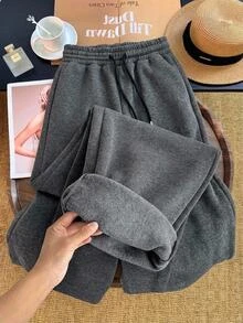 SHEIN CURVE+ Celana Jogging Kasual Berlapisan Termal Ukuran Besar untuk Musim Gugur/Dingin - Grey - View 1