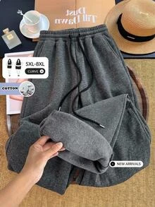 SHEIN CURVE+ Celana Jogging Kasual Berlapisan Termal Ukuran Besar untuk Musim Gugur/Dingin - Grey - View 3