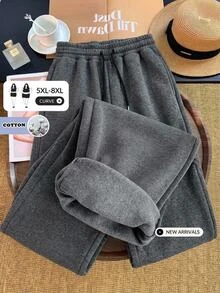 SHEIN CURVE+ Celana Jogging Kasual Berlapisan Termal Ukuran Besar untuk Musim Gugur/Dingin - Grey - View 2