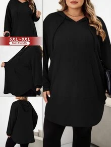 SHEIN CURVE+ Plus Size Solid Color Hooded Drawstring Asymmetrical Hem Sweatshirt Winter Fall Autumn Formal Home Wear Vacation Black Casual Baggy - Black - View 1