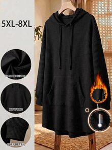 SHEIN CURVE+ Plus Size Solid Color Hooded Drawstring Asymmetrical Hem Sweatshirt Winter Fall Autumn Formal Home Wear Vacation Black Casual Baggy - Black - View 7