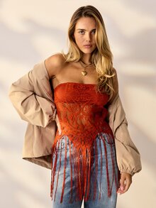 Aralina Women Summer Fringe Lace Bandeau Top Going Out Birthday Night Out Lined Tassles Party Event Rave Rust Boho Sexy - Red - View 1