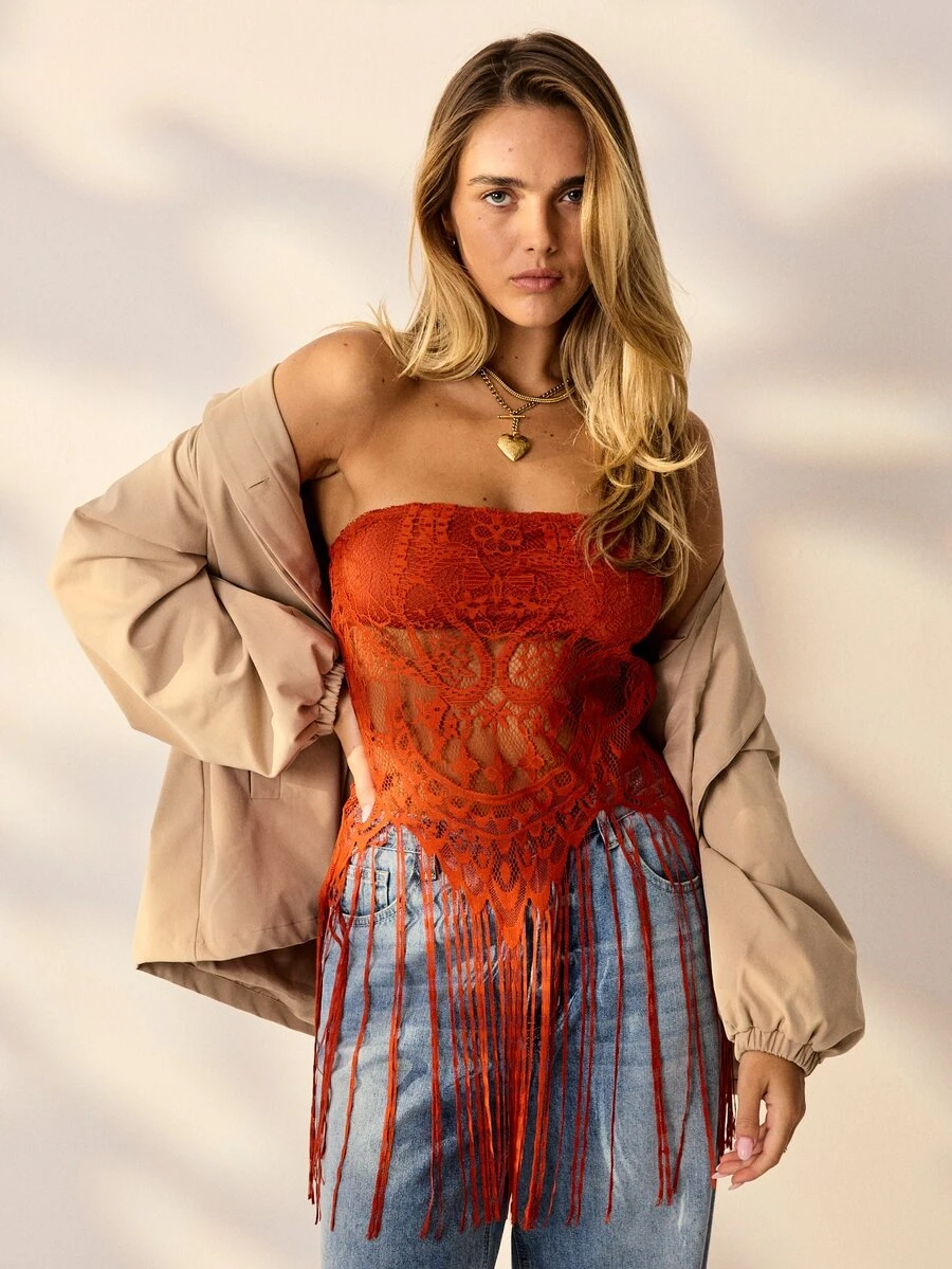 Aralina Women Summer Fringe Lace Bandeau Top Going Out Birthday Night Out Lined Tassles Party Event Rave Rust Boho Sexy - Red - View 1