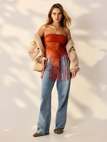 Aralina Women Summer Fringe Lace Bandeau Top Going Out Birthday Night Out Lined Tassles Party Event Rave Rust Boho Sexy - Red - View 4