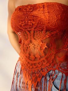 Aralina Women Summer Fringe Lace Bandeau Top Going Out Birthday Night Out Lined Tassles Party Event Rave Rust Boho Sexy - Red - View 3