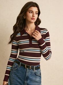Poéselle Women's Striped Button Half-Placket Long Sleeve T-Shirt,Brown Top,Casual Blouses,Basic Tops,Work Outfits,Cute Tops ,Going Out Tops,Fall/Winter - Multicolor - View 5