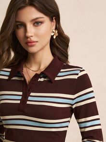 Poéselle Women's Striped Button Half-Placket Long Sleeve T-Shirt,Brown Top,Casual Blouses,Basic Tops,Work Outfits,Cute Tops ,Going Out Tops,Fall/Winter - Multicolor - View 6