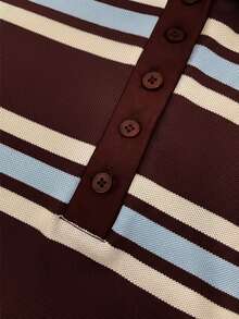 Poéselle Women's Striped Button Half-Placket Long Sleeve T-Shirt,Brown Top,Casual Blouses,Basic Tops,Work Outfits,Cute Tops ,Going Out Tops,Fall/Winter - Multicolor - View 9