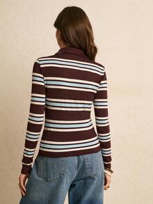 Poéselle Women's Striped Button Half-Placket Long Sleeve T-Shirt,Brown Top,Casual Blouses,Basic Tops,Work Outfits,Cute Tops ,Going Out Tops,Fall/Winter - Multicolor - View 8