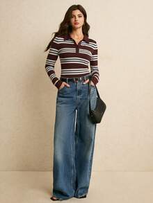 Poéselle Women's Striped Button Half-Placket Long Sleeve T-Shirt,Brown Top,Casual Blouses,Basic Tops,Work Outfits,Cute Tops ,Going Out Tops,Fall/Winter - Multicolor - View 3