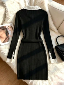GlowEve 女款對比蕾絲鈕扣設計長袖兩件式洋裝 - 黑與白 - 查看 2