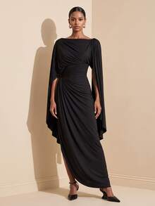 Vesra Women's Solid Color Asymmetric Neck Cape Sleeve Pleated Elegant Long Dress - Black - View 3