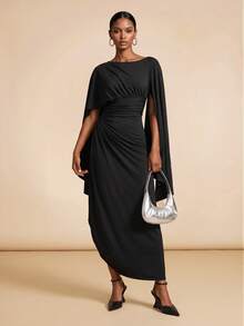 Vesra Women's Solid Color Asymmetric Neck Cape Sleeve Pleated Elegant Long Dress - Black - View 6