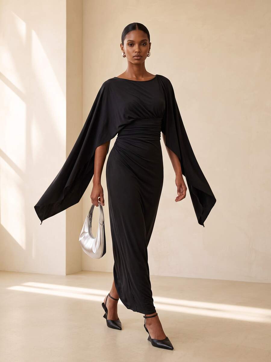 Vesra Women's Solid Color Asymmetric Neck Cape Sleeve Pleated Elegant Long Dress - Black - View 1