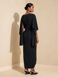 Vesra Women's Solid Color Asymmetric Neck Cape Sleeve Pleated Elegant Long Dress - Black - View 2