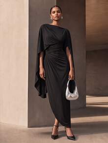 Vesra Women's Solid Color Asymmetric Neck Cape Sleeve Pleated Elegant Long Dress - Black - View 4