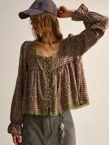 SHEIN Women's Vintage Brown Plaid Shirt | French Country Mori Style, Soft Fabric Skin-Friendly And Non-Irritating, Suitable For Weekend Outdoor Walks, Cafe Relaxation, Vintage Market Visits And Other Casual Occasions, Square Neck Lace Patchwork Softens Plaid + Puff Sleeves + Ruched Blouse, Elegant Blouse, Plaid Shirt - Brown - View 4