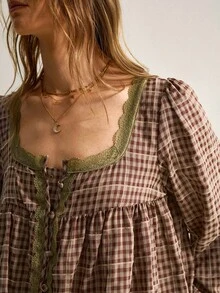 SHEIN Women's Vintage Brown Plaid Shirt | French Country Mori Style, Soft Fabric Skin-Friendly And Non-Irritating, Suitable For Weekend Outdoor Walks, Cafe Relaxation, Vintage Market Visits And Other Casual Occasions, Square Neck Lace Patchwork Softens Plaid + Puff Sleeves + Ruched Blouse, Elegant Blouse, Plaid Shirt - Brown - View 7