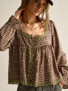 SHEIN Women's Vintage Brown Plaid Shirt | French Country Mori Style, Soft Fabric Skin-Friendly And Non-Irritating, Suitable For Weekend Outdoor Walks, Cafe Relaxation, Vintage Market Visits And Other Casual Occasions, Square Neck Lace Patchwork Softens Plaid + Puff Sleeves + Ruched Blouse, Elegant Blouse, Plaid Shirt - Brown - View 6