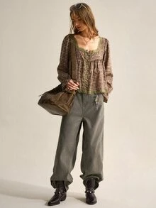 SHEIN Women's Vintage Brown Plaid Shirt | French Country Mori Style, Soft Fabric Skin-Friendly And Non-Irritating, Suitable For Weekend Outdoor Walks, Cafe Relaxation, Vintage Market Visits And Other Casual Occasions, Square Neck Lace Patchwork Softens Plaid + Puff Sleeves + Ruched Blouse, Elegant Blouse, Plaid Shirt - Brown - View 3