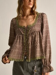 SHEIN Women's Vintage Brown Plaid Shirt | French Country Mori Style, Soft Fabric Skin-Friendly And Non-Irritating, Suitable For Weekend Outdoor Walks, Cafe Relaxation, Vintage Market Visits And Other Casual Occasions, Square Neck Lace Patchwork Softens Plaid + Puff Sleeves + Ruched Blouse, Elegant Blouse, Plaid Shirt - Brown - View 5