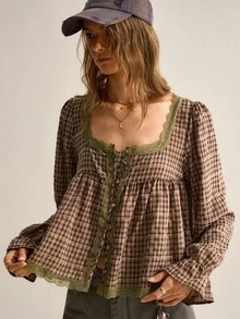 SHEIN Women's Vintage Brown Plaid Shirt | French Country Mori Style, Soft Fabric Skin-Friendly And Non-Irritating, Suitable For Weekend Outdoor Walks, Cafe Relaxation, Vintage Market Visits And Other Casual Occasions, Square Neck Lace Patchwork Softens Plaid + Puff Sleeves + Ruched Blouse, Elegant Blouse, Plaid Shirt - Brown - View 1