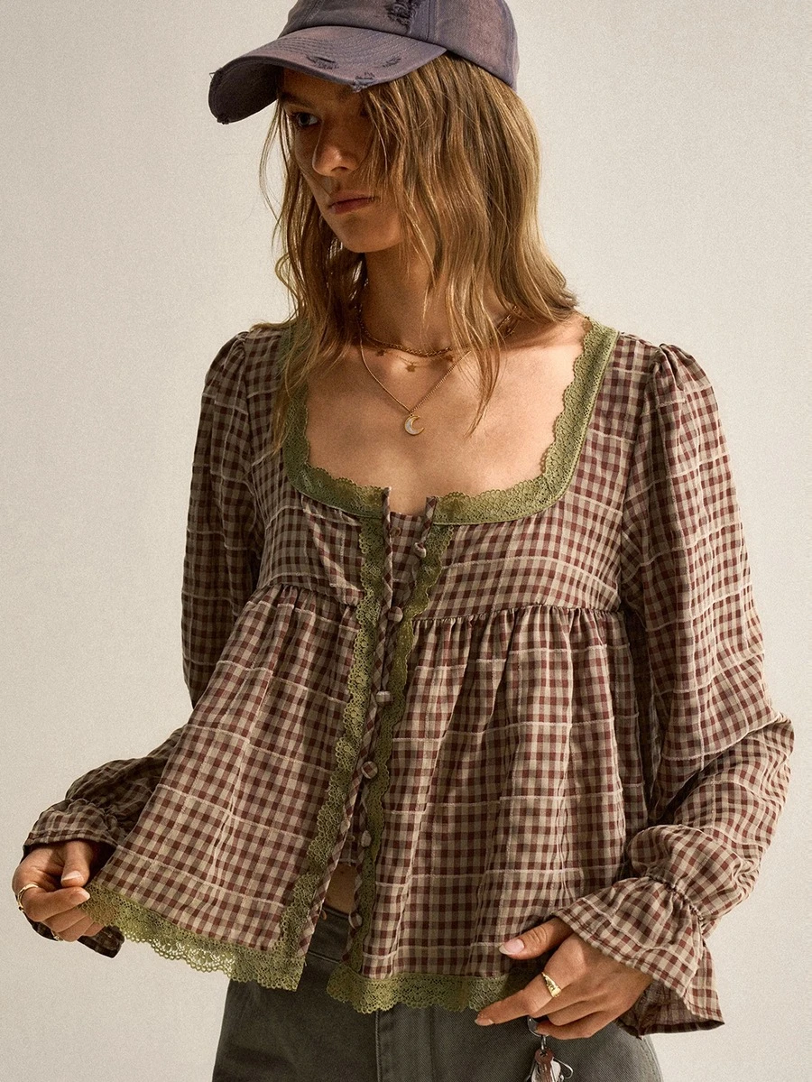 SHEIN Women's Vintage Brown Plaid Shirt | French Country Mori Style, Soft Fabric Skin-Friendly And Non-Irritating, Suitable For Weekend Outdoor Walks, Cafe Relaxation, Vintage Market Visits And Other Casual Occasions, Square Neck Lace Patchwork Softens Plaid + Puff Sleeves + Ruched Blouse, Elegant Blouse, Plaid Shirt - Brown - View 1