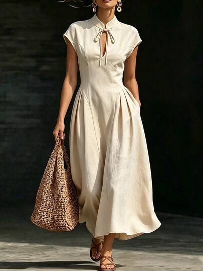 SHEIN New Chinese Style Mandarin Collar Tie Front Cap Sleeve Pleated Waist Flowy Dress Elegant Tropical Jamaican Beaded Long Party Vacation Beige Summer