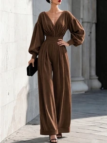 SHEIN Fashionable New Autumn/Winter Deep V-Neck Casual Top And Ruffled Wide-Leg Pants Women's Two Pieces Set,Halloween Work Outfits Brown Going Out Festival - Brown - View 3