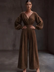 SHEIN Fashionable New Autumn/Winter Deep V-Neck Casual Top And Ruffled Wide-Leg Pants Women's Two Pieces Set,Halloween Work Outfits Brown Going Out Festival - Brown - View 4