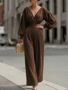 SHEIN Fashionable New Autumn/Winter Deep V-Neck Casual Top And Ruffled Wide-Leg Pants Women's Two Pieces Set,Halloween Work Outfits Brown Going Out Festival - Brown - View 1