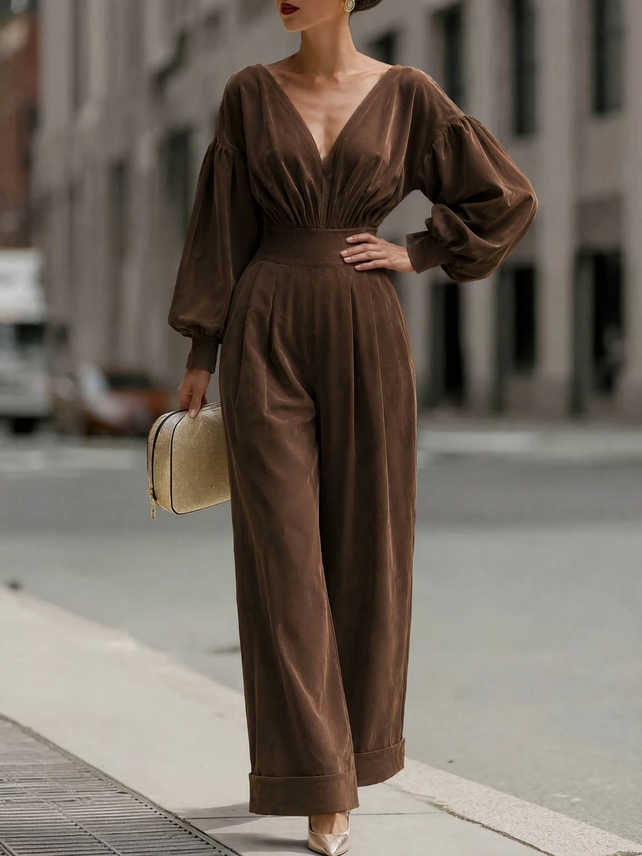 SHEIN Fashionable New Autumn/Winter Deep V-Neck Casual Top And Ruffled Wide-Leg Pants Women's Two Pieces Set,Halloween Work Outfits Brown Going Out Festival - Brown - View 1