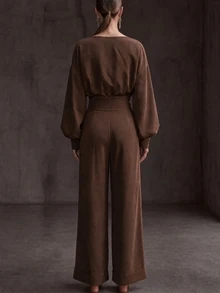 SHEIN Fashionable New Autumn/Winter Deep V-Neck Casual Top And Ruffled Wide-Leg Pants Women's Two Pieces Set,Halloween Work Outfits Brown Going Out Festival - Brown - View 2
